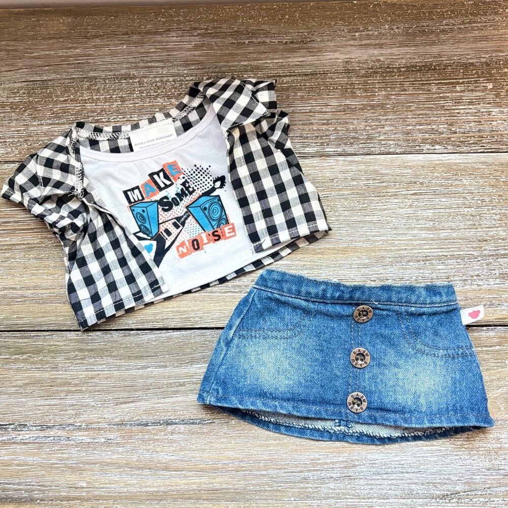 Build A Bear Make Some Noise Plaid Black White Top And Denim Skirt Outfit Set